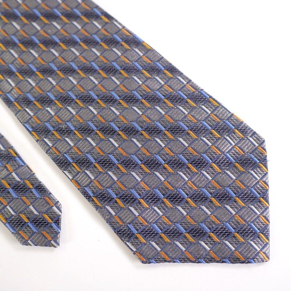 Carlo Palazzi Couture Woven Gray Blue Orange Geometric‎ Wide Silk Tie